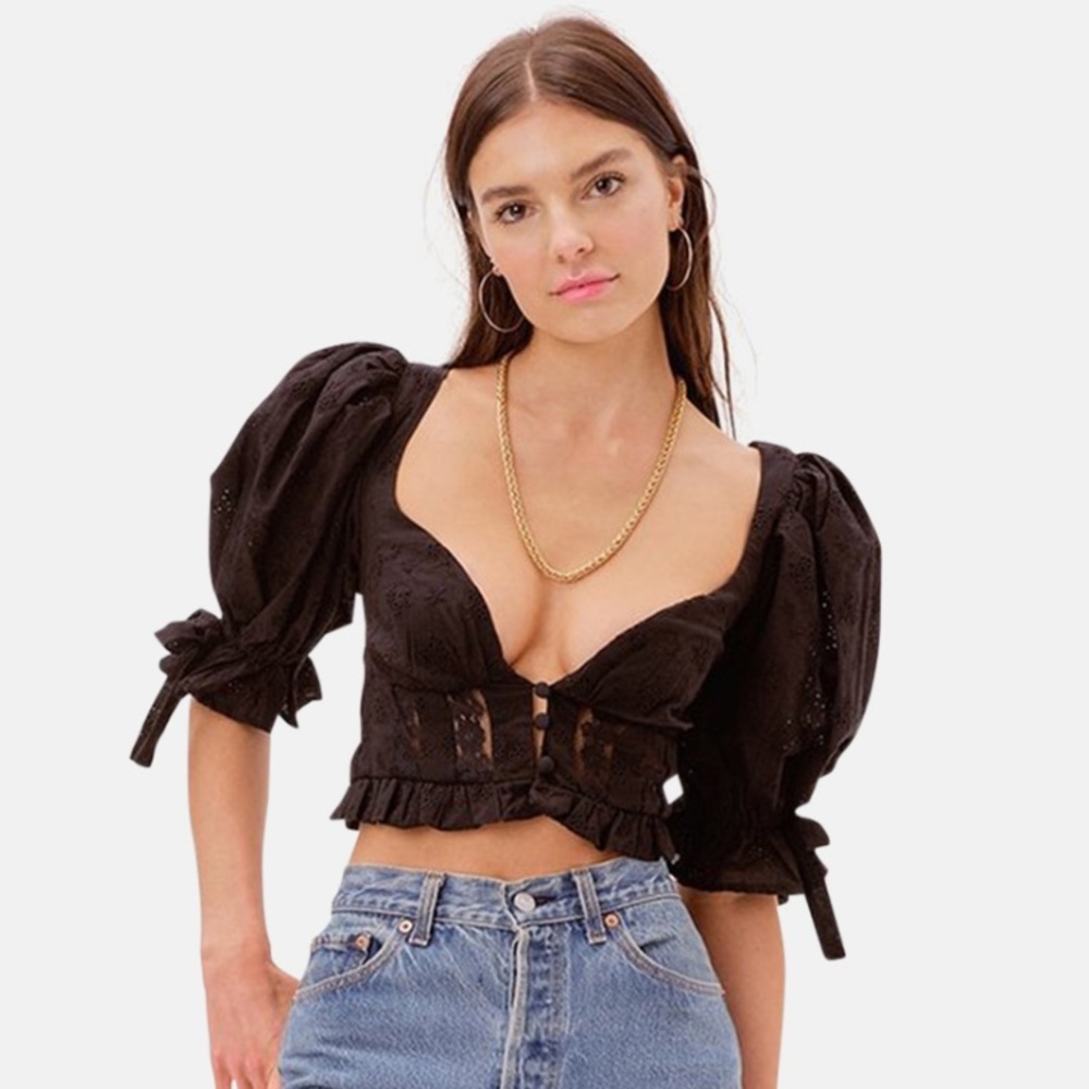 For Love and Lemons Jean Black Cropped Puff Sleeve Blouse